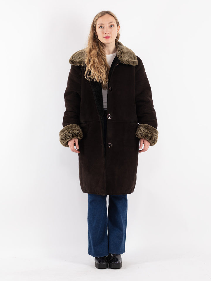 Vintage 90's Women Faux Sheepskin Coat in Brown