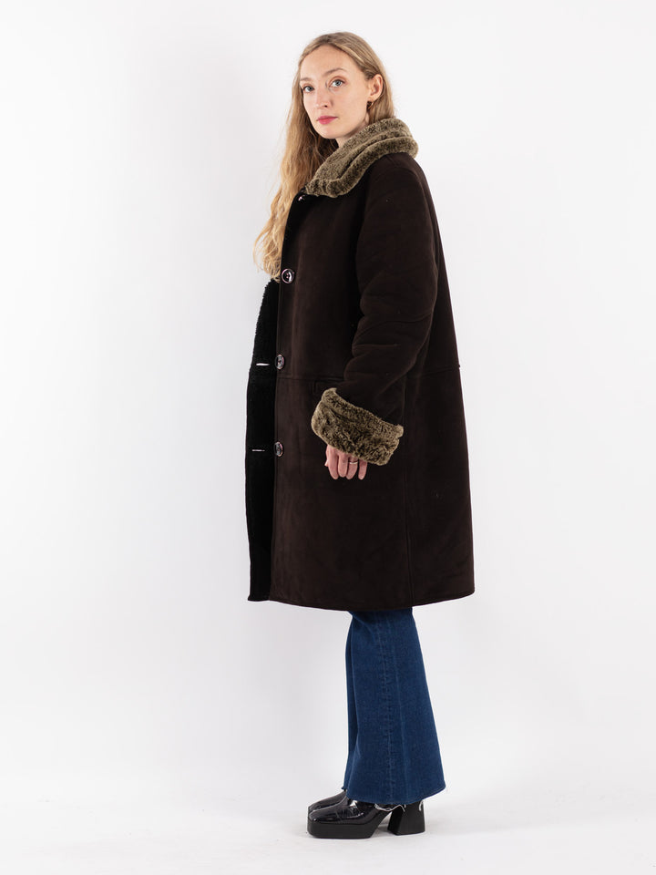 Vintage 90's Women Faux Sheepskin Coat in Brown