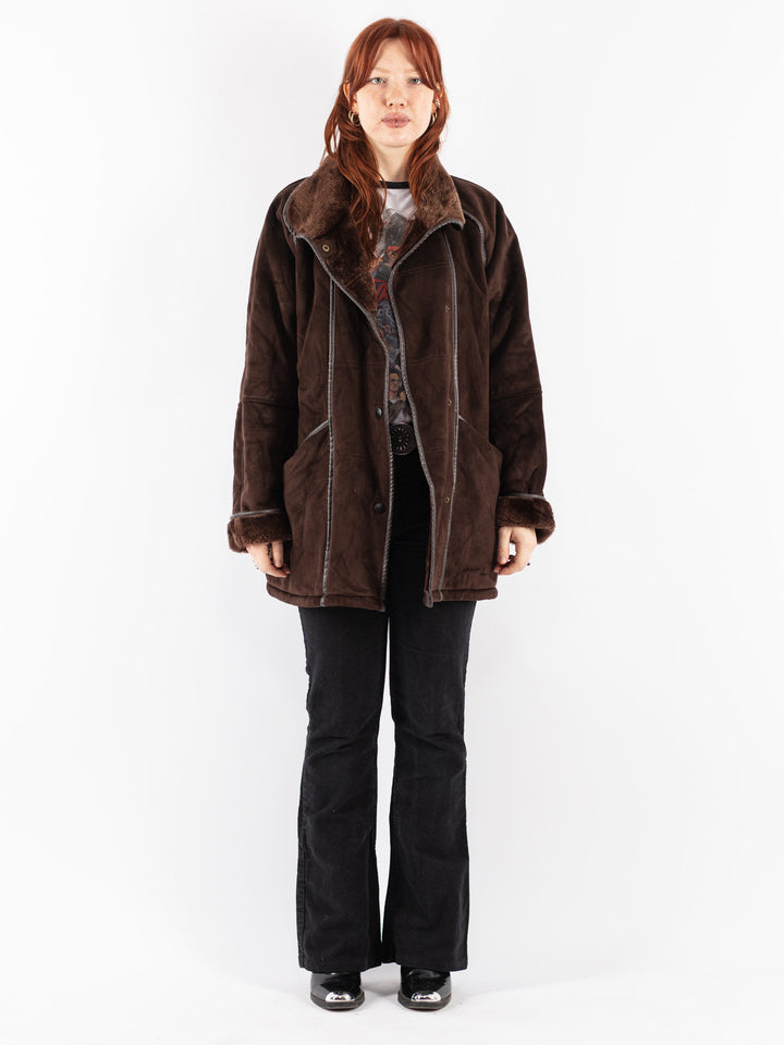 Vintage 90's Women Faux Sheepskin Coat in Brown