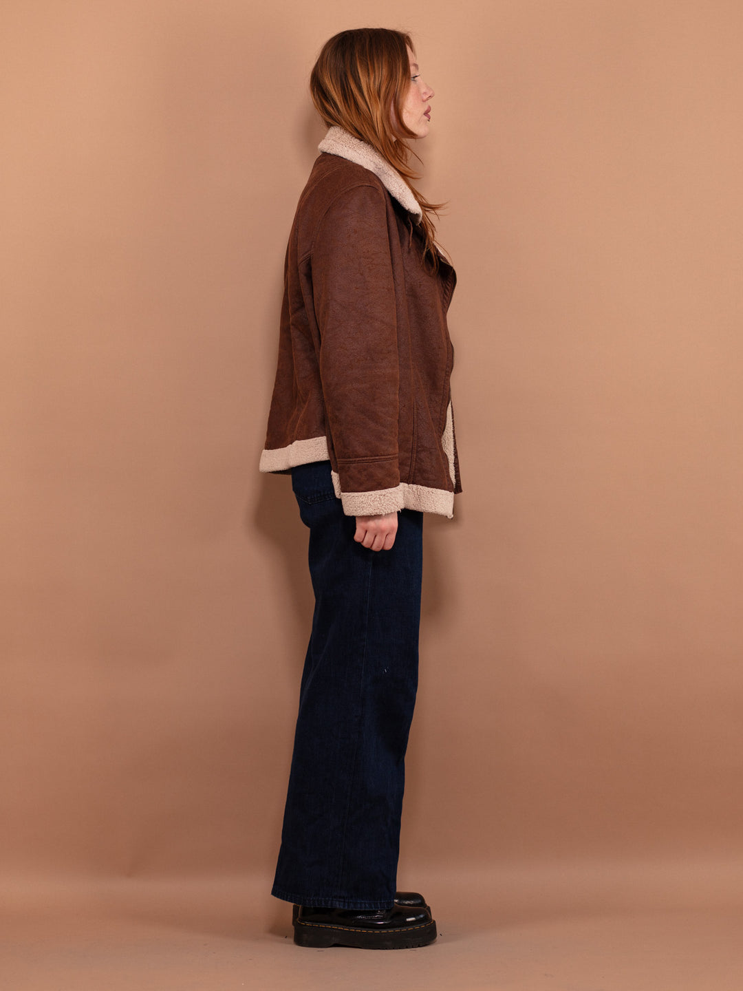 Vintage 90's Women Faux Sheepskin Jacket in Brown - NorthernGrip