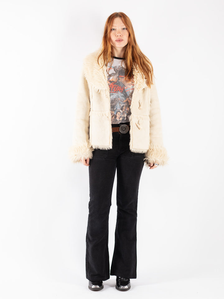 Vintage 90's Women Faux Sheepskin Jacket in Beige