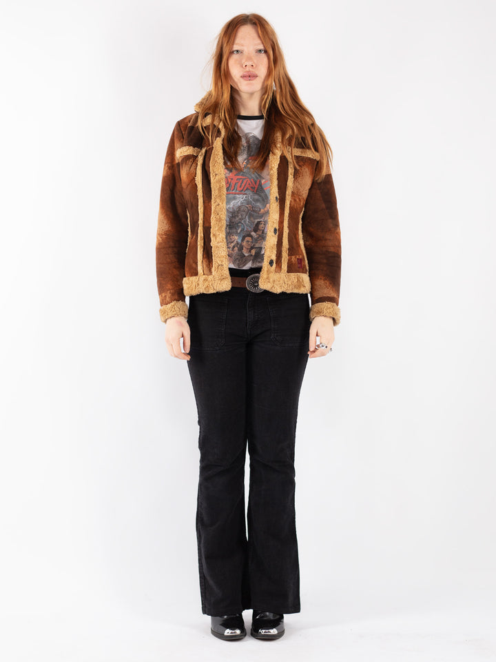 Vintage 90's Women Faux Sheepskin Jacket in Brown