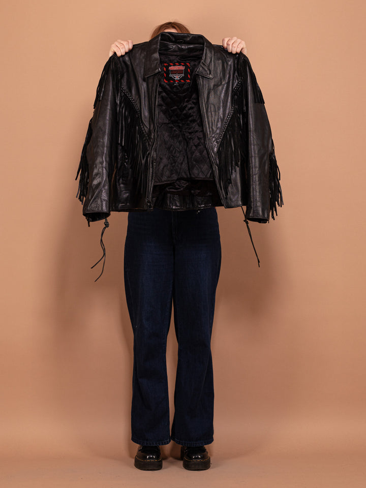 Vintage 90's Women Fringe Leather Biker Jacket in Black - NorthernGrip
