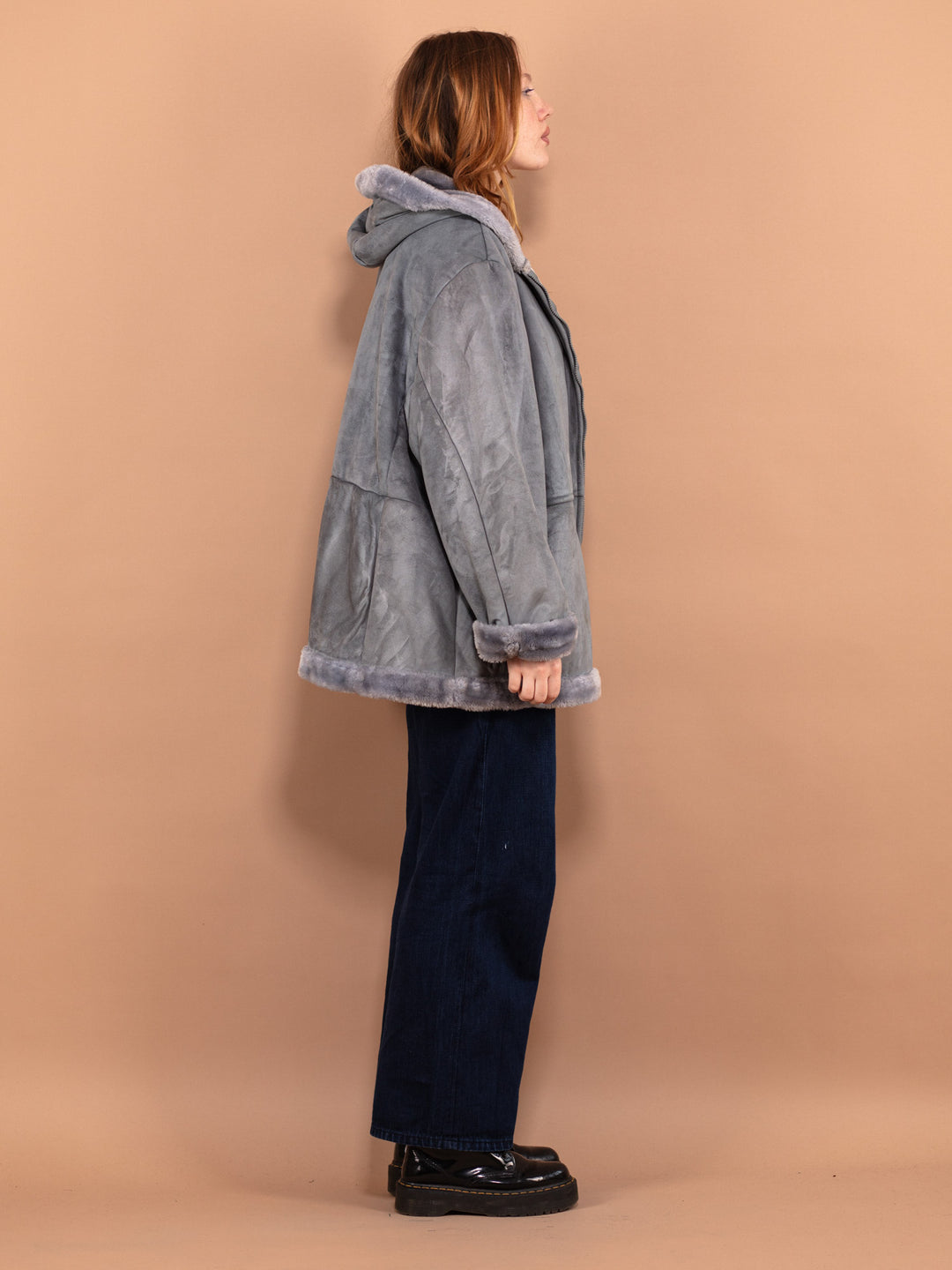 Vintage 90's Women Hooded Sherpa Coat in Blue - NorthernGrip