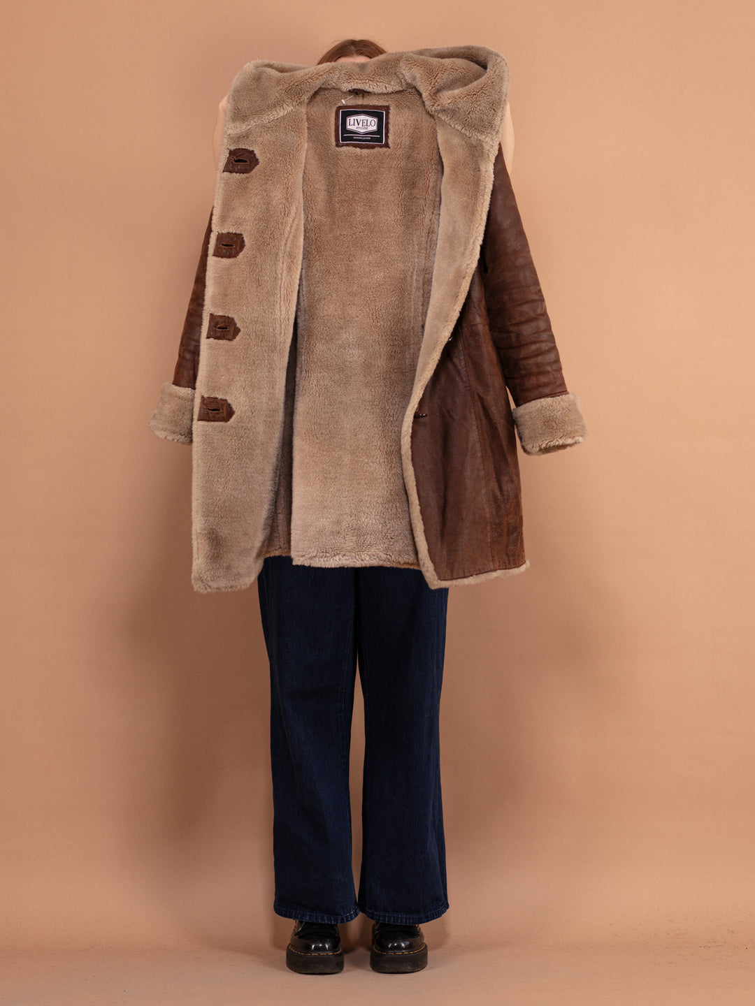 Vintage 90's Women Hooded Suede Sherpa Coat in Brown - NorthernGrip