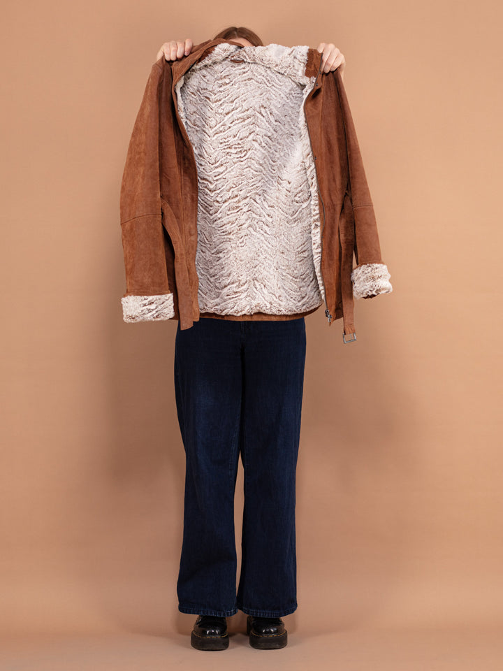 Vintage 90's Women Hooded Suede Sherpa Coat in Brown - NorthernGrip