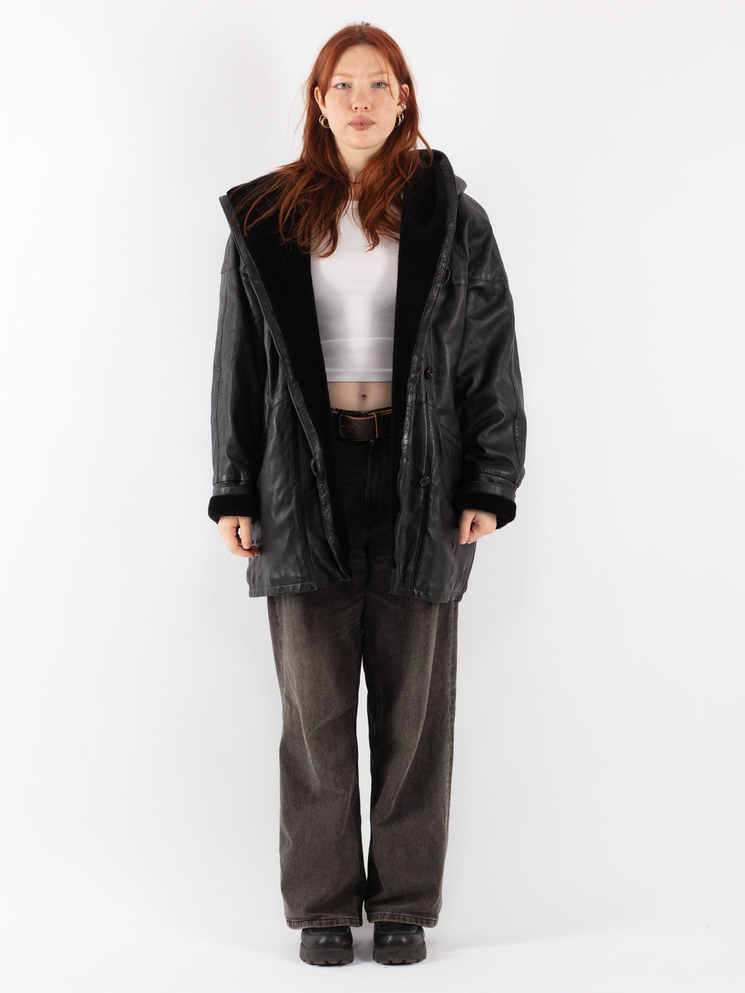 Vintage 90's Women Leather Coat in Black