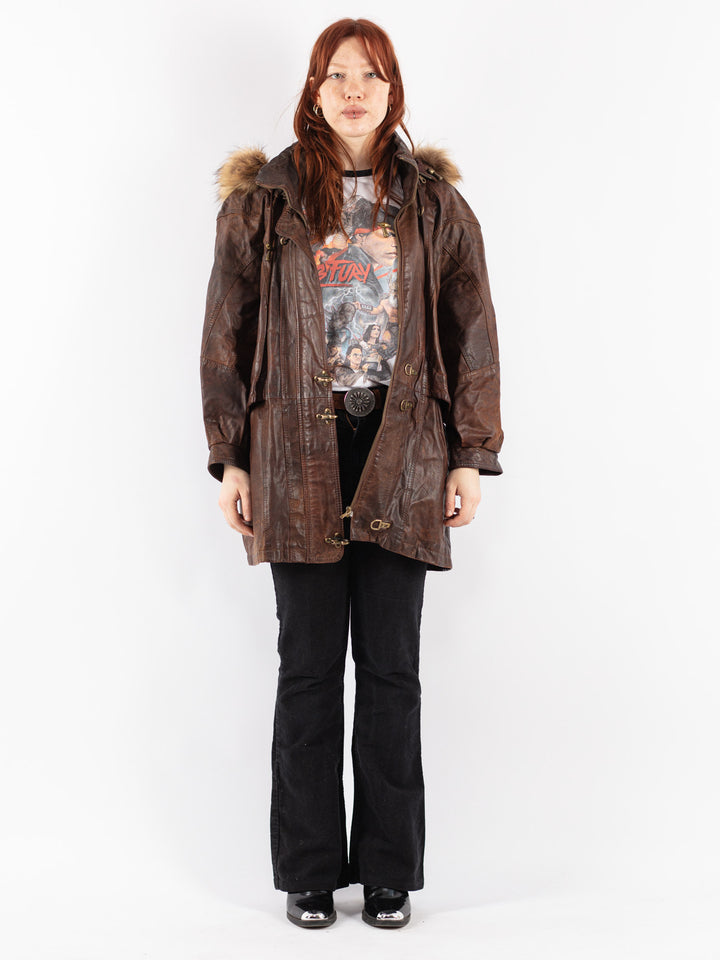 Vintage 90's Women Leather Coat in Brown