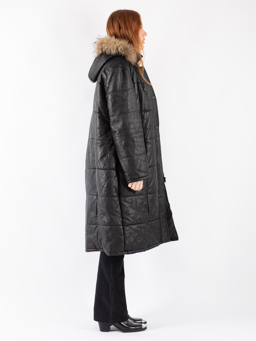 Vintage 90's Women Leather Coat in Black