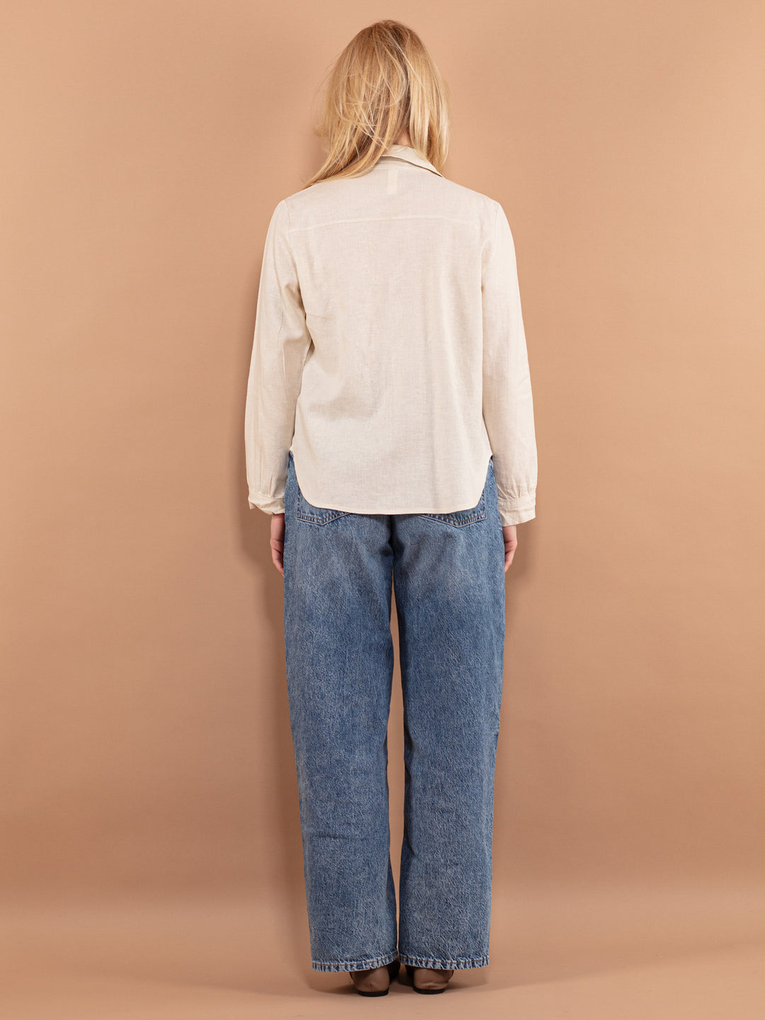 Vintage 90's Women Linen Blend Shirt in Beige White - NorthernGrip