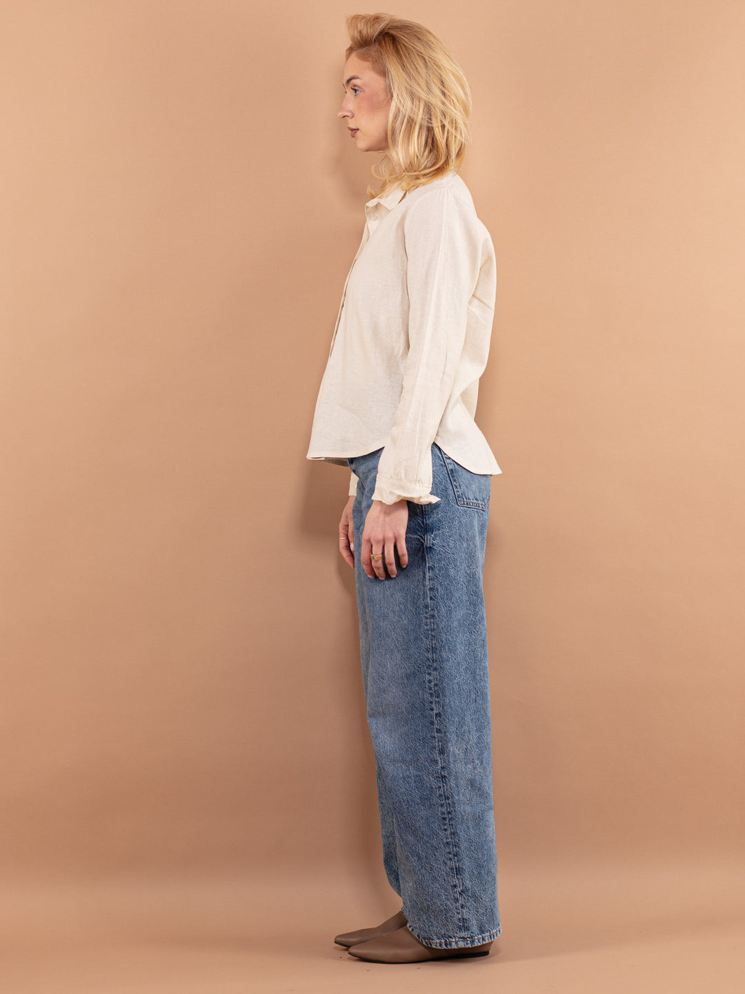 Vintage 90's Women Linen Blend Shirt in Beige White - NorthernGrip