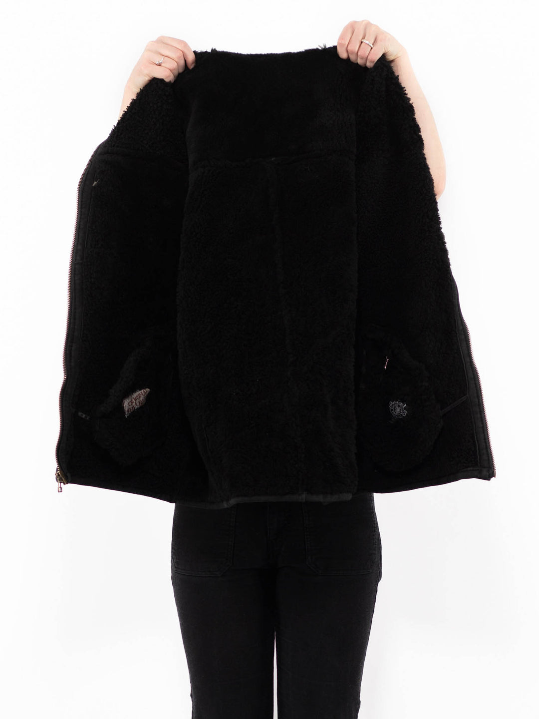 Vintage 90's Women Sheepskin Shearling Coat in BlackA0880