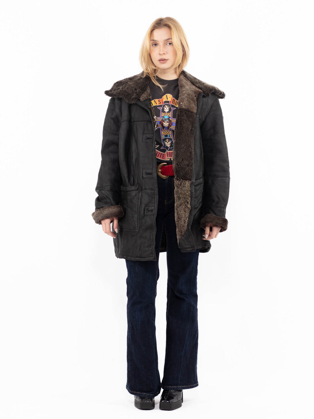 Vintage 90's Women Sheepskin Coat in BlackA1087