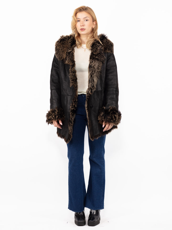 Vintāžas 90. gadu Penny Lane aitas ādas mētelis ar kapuci melnā krāsā