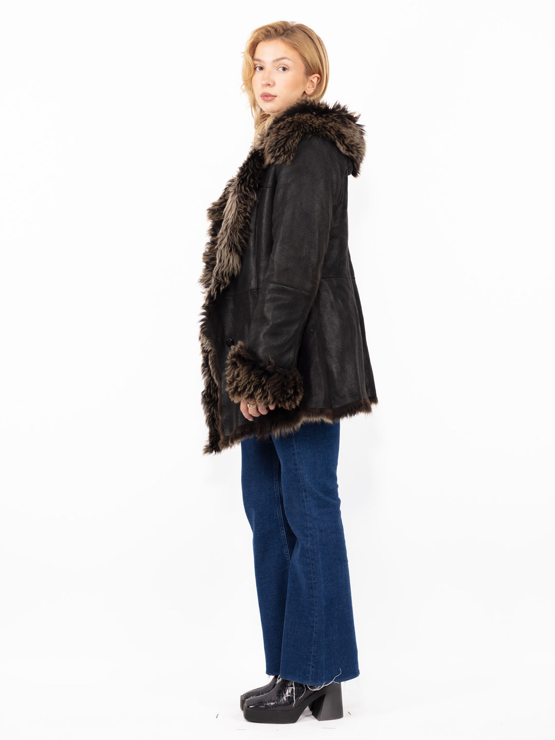 Vintāžas 90. gadu Penny Lane aitas ādas mētelis ar kapuci melnā krāsā