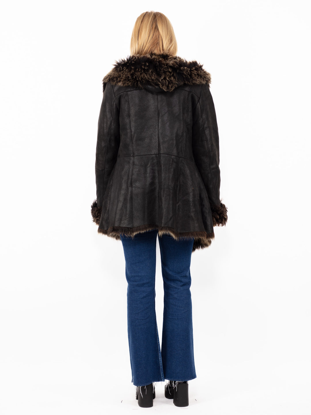 Vintāžas 90. gadu Penny Lane aitas ādas mētelis ar kapuci melnā krāsā