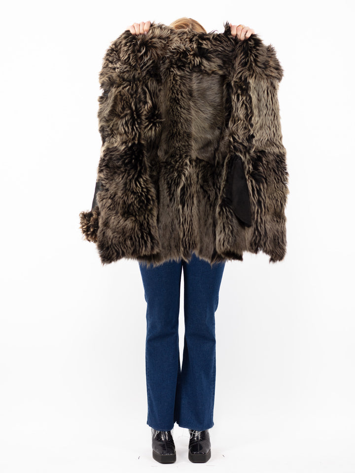 Vintāžas 90. gadu Penny Lane aitas ādas mētelis ar kapuci melnā krāsā