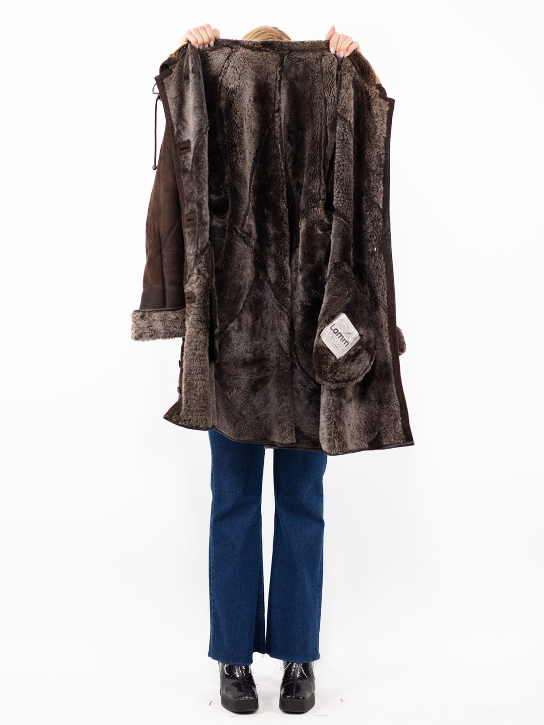 Vintage 90. gadu sieviešu lielizmēra aitādas mētelis brūnā krāsā