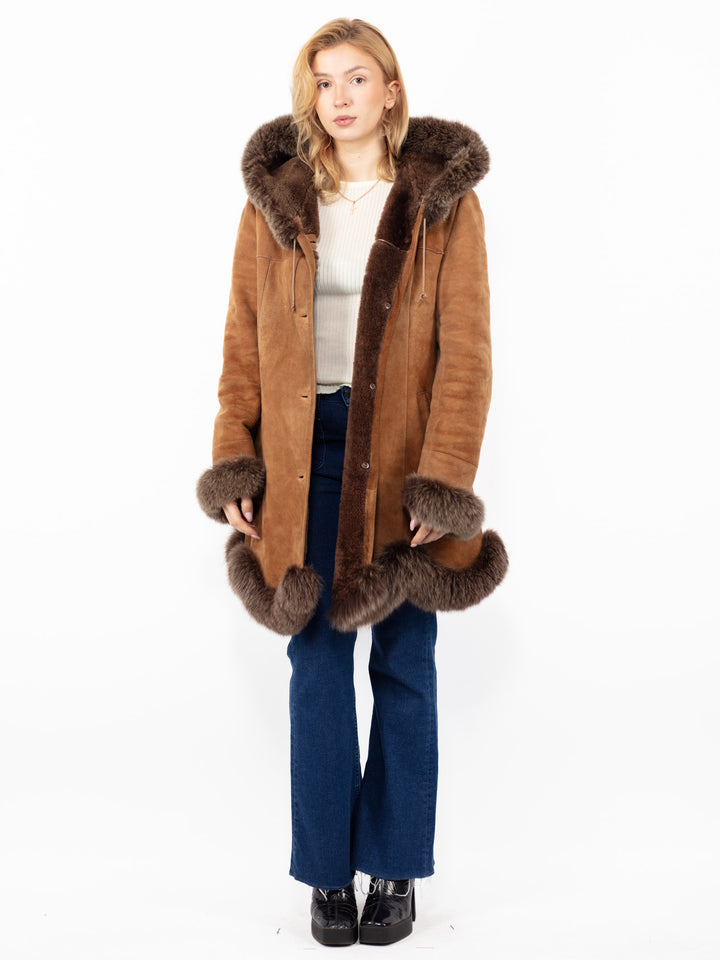 Vintāžas 90. gadu Penny Lane aitas ādas mētelis ar kapuci brūnā krāsā