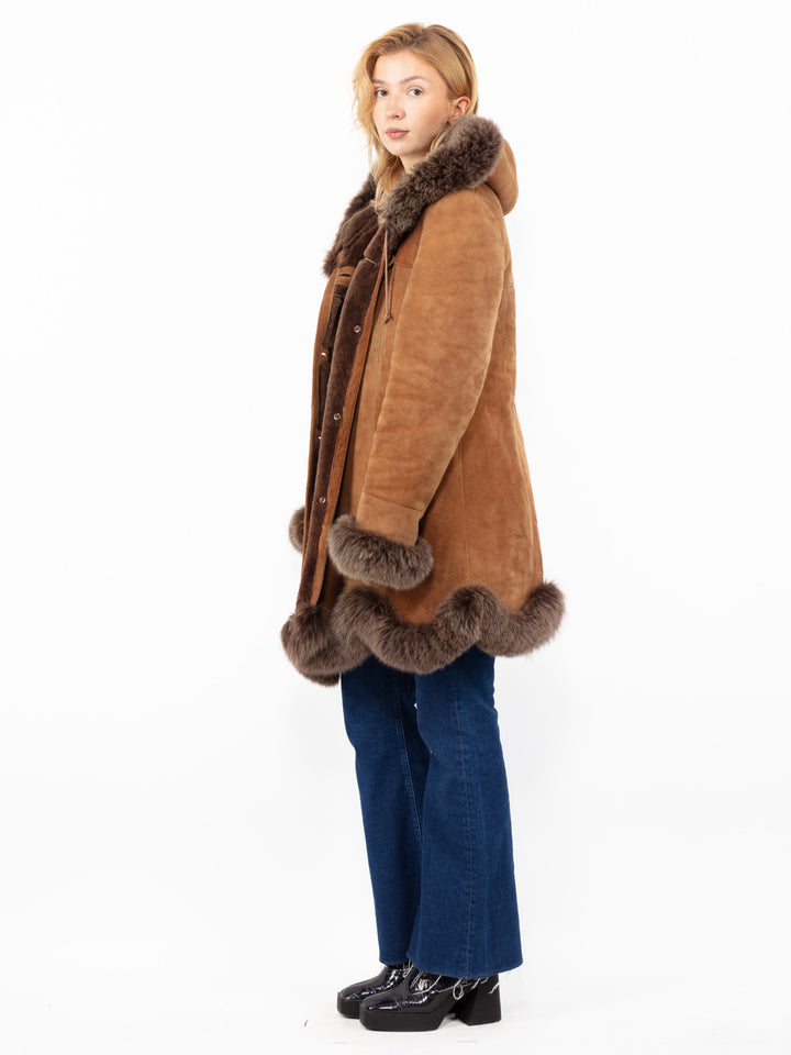 Vintāžas 90. gadu Penny Lane aitas ādas mētelis ar kapuci brūnā krāsā