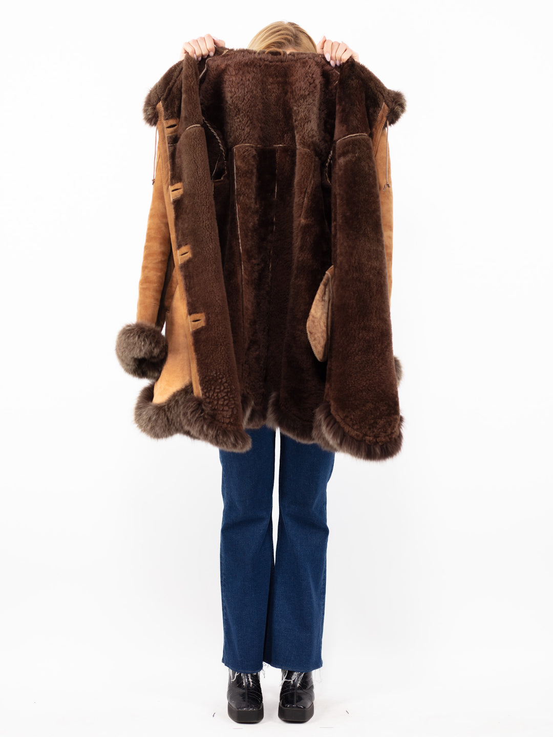 Vintāžas 90. gadu Penny Lane aitas ādas mētelis ar kapuci brūnā krāsā