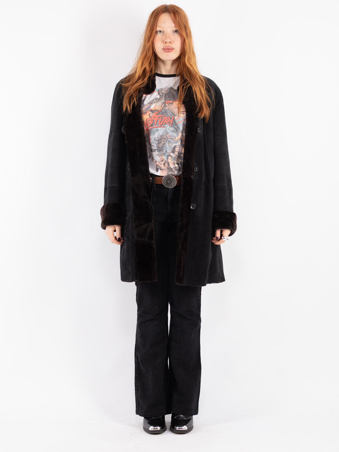Vintage 90's Women Sheepskin Coat in Black