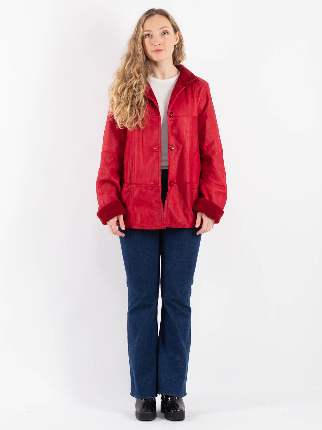 Vintage 90's Women Sheepskin Jacket in Red