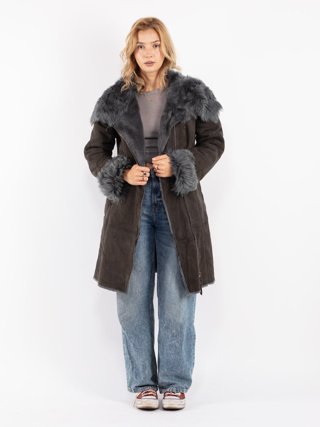 Vintage 90's Women Sheepskin Shearling Coat in Gray