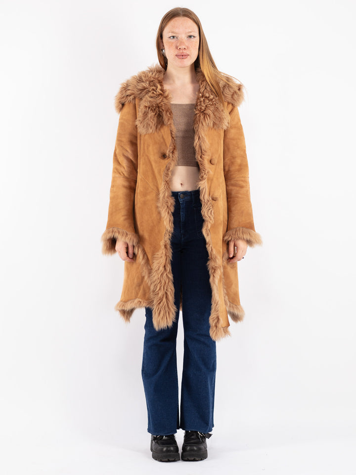 Vintage 90's Women Sheepskin Shearling Coat in Brown