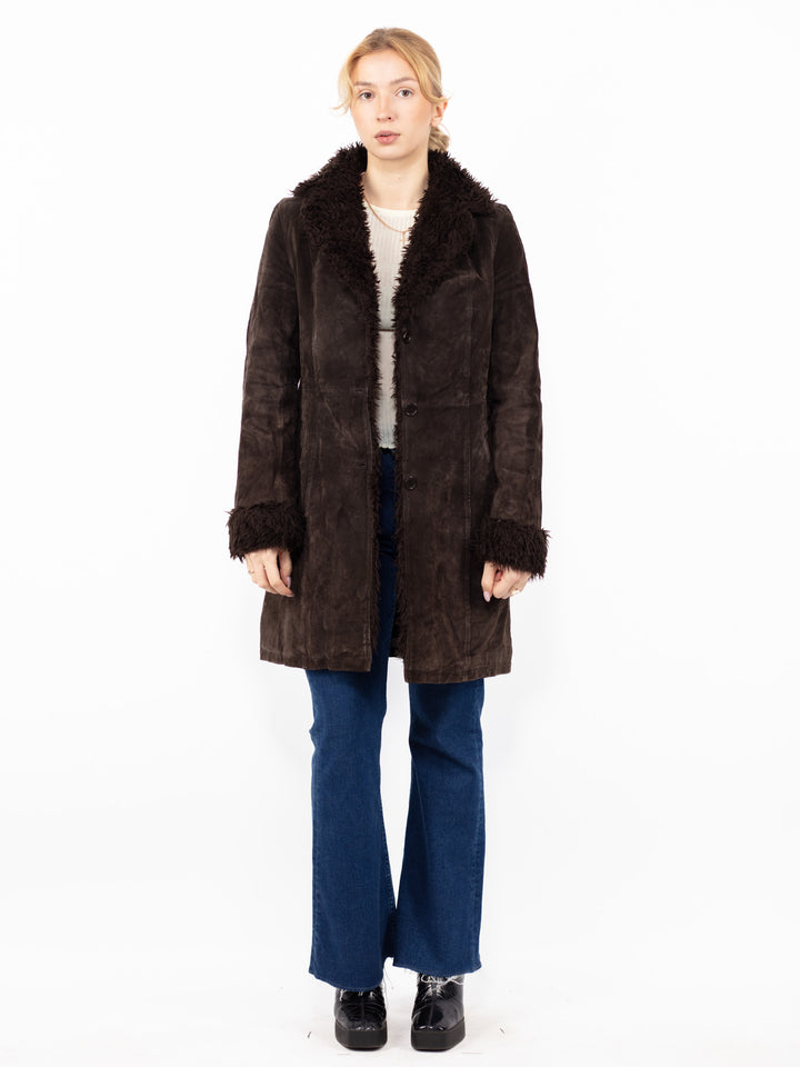 Vintage 90. gadu sieviešu zamšādas šerpu mētelis brūnā krāsā