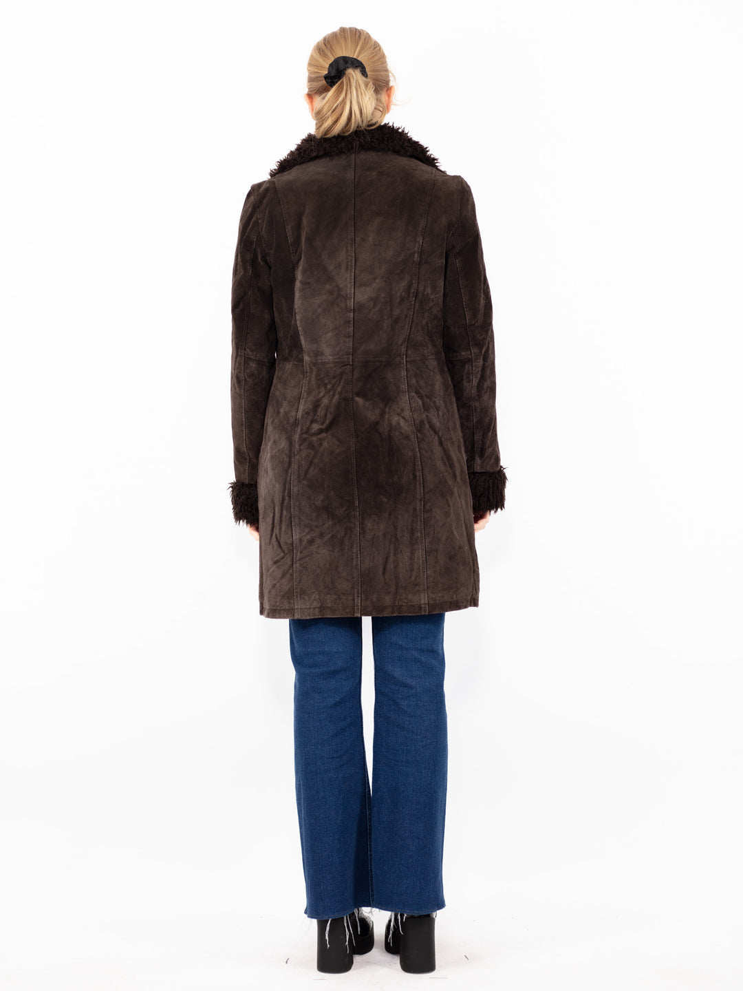 Vintage 90. gadu sieviešu zamšādas šerpu mētelis brūnā krāsā