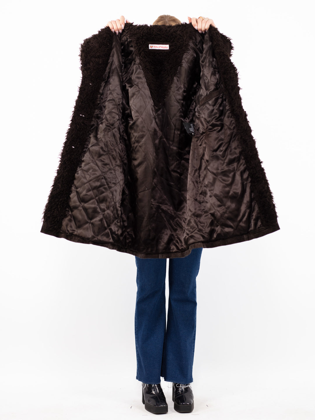 Vintage 90. gadu sieviešu zamšādas šerpu mētelis brūnā krāsā