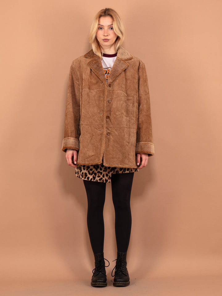 Vintage 90's Women Suede Sherpa Coat in Beige - NorthernGrip