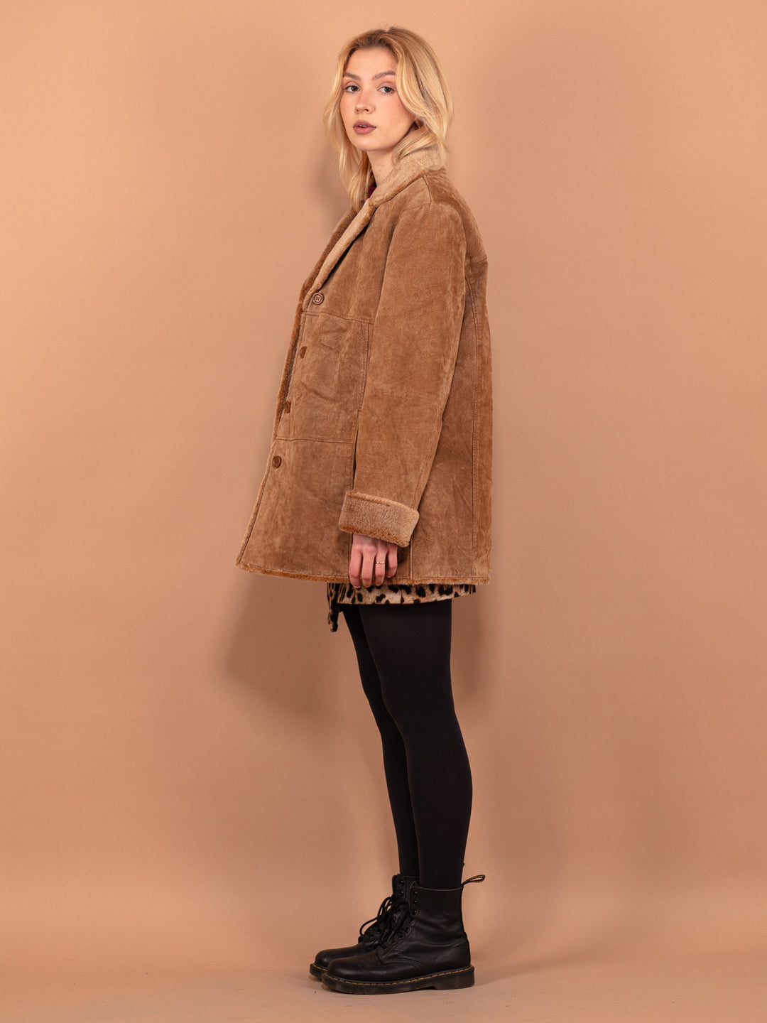 Vintage 90's Women Suede Sherpa Coat in Beige - NorthernGrip