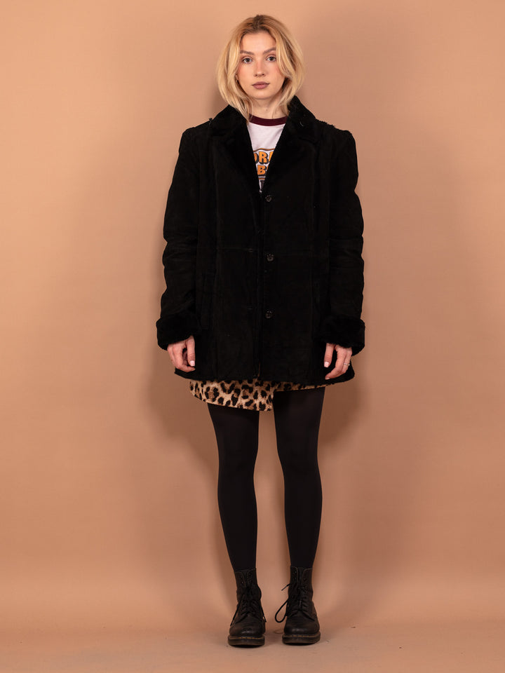 Vintage 90's Women Suede Sherpa Coat in Black - NorthernGrip