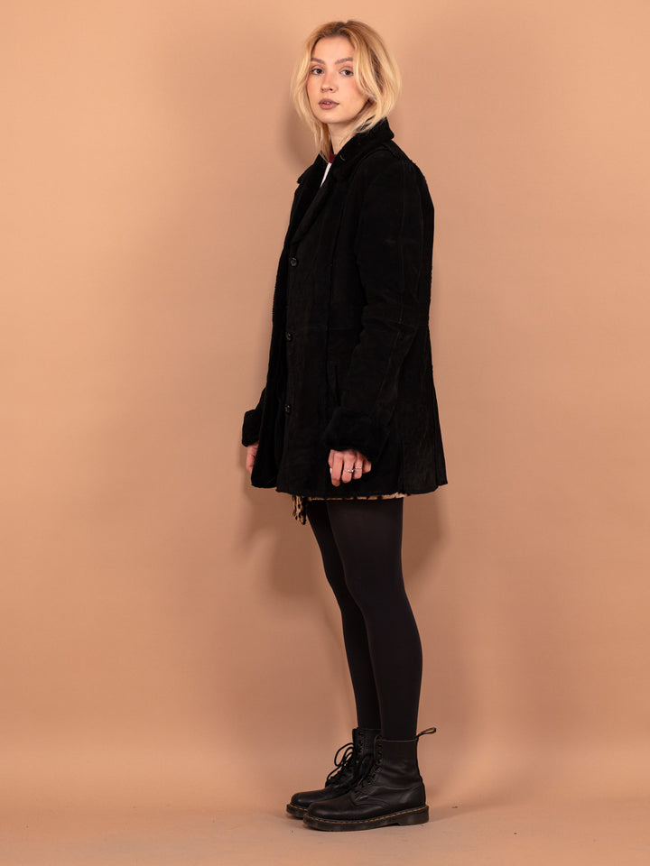 Vintage 90's Women Suede Sherpa Coat in Black - NorthernGrip