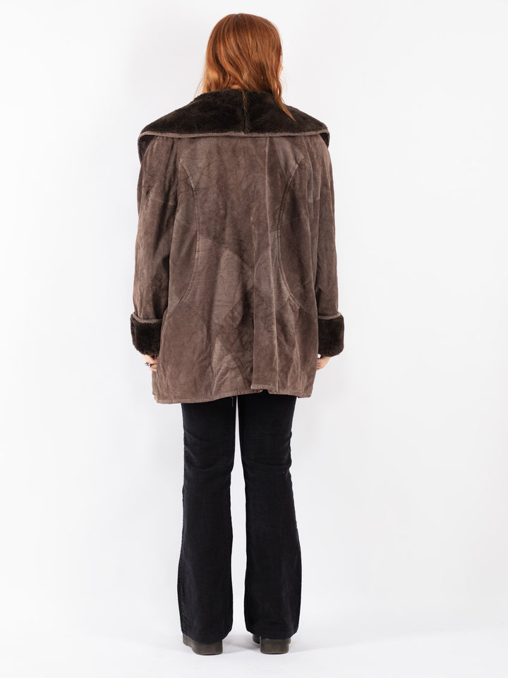 Vintage 90's Women Suede Sherpa Coat in Brown
