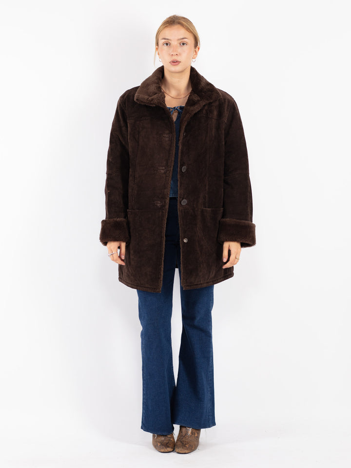 Vintage 90's Women Suede Sherpa Coat in Brown