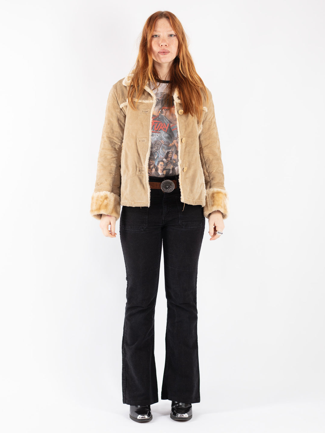Vintage 90's Women Suede Sherpa Jacket in Beige