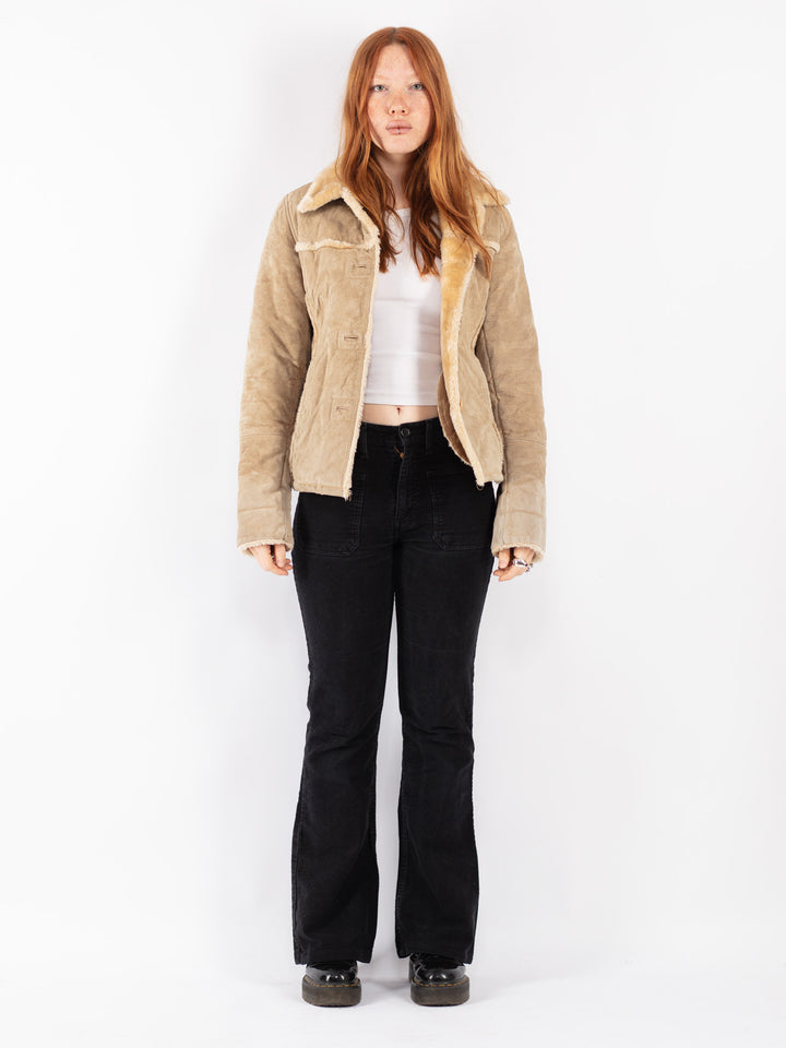 Vintage 90's Women Suede Sherpa Jacket in Beige