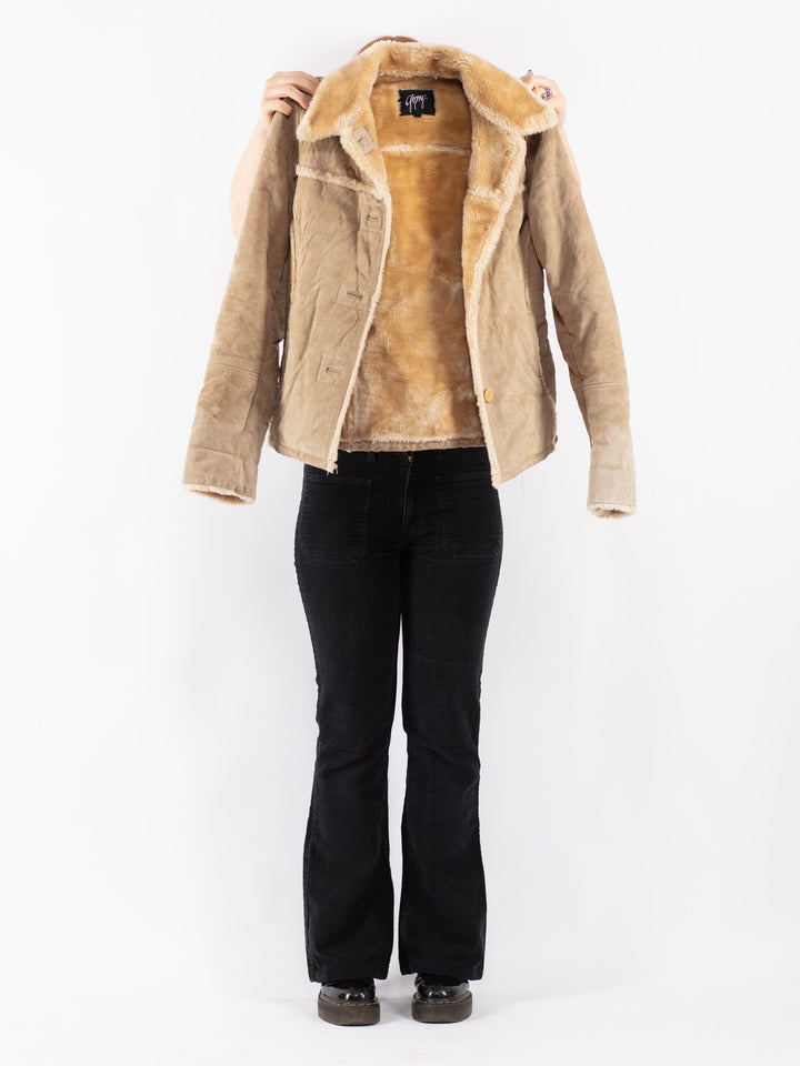 Vintage 90's Women Suede Sherpa Jacket in Beige