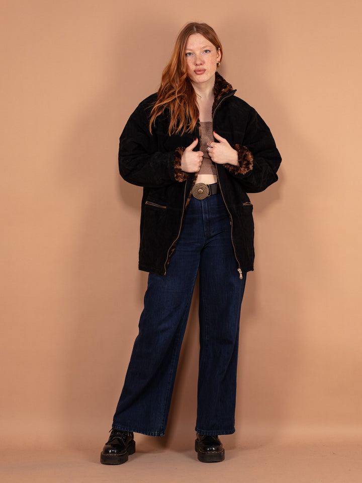 Vintage 90's Women Suede Sherpa Coat in Black - NorthernGrip