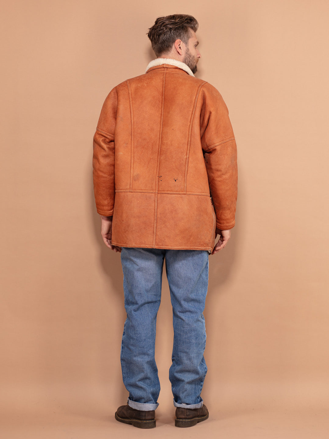 Vintage 80's Men Sheepskin Leather Coat in Brown - NorthernGrip