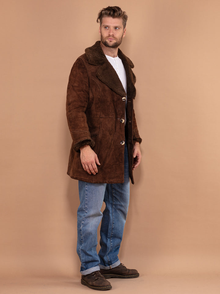 Vintage 70's Men Sheepskin Suede Coat in Brown - NorthernGrip