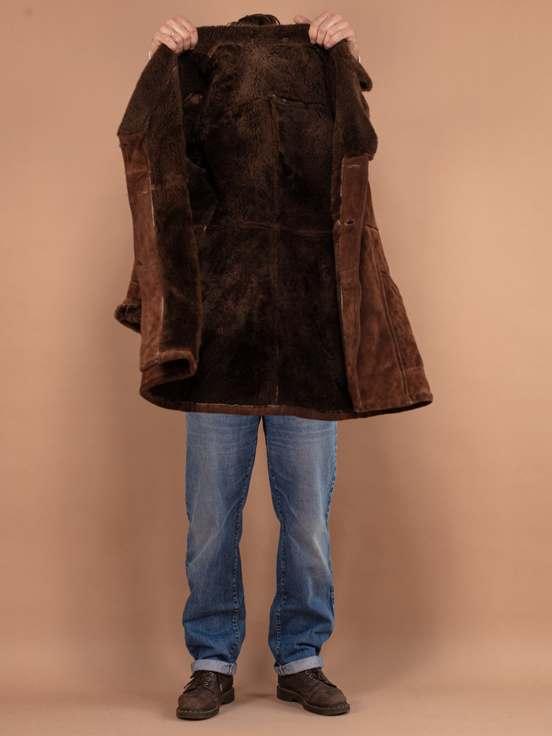 Vintage 70's Men Sheepskin Suede Coat in Brown - NorthernGrip