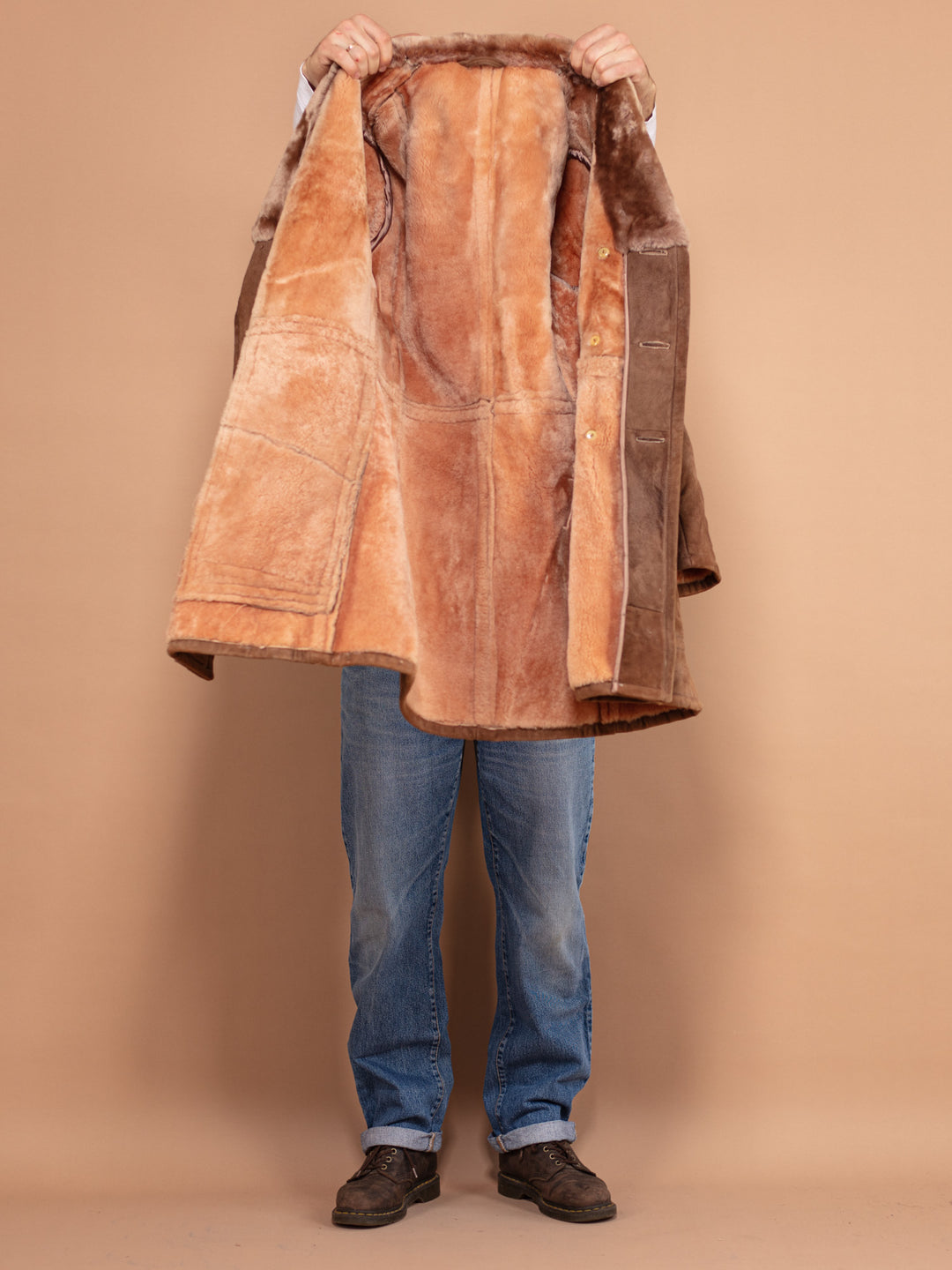 Vintage 70's Men Sheepskin Suede Coat in Brown - NorthernGrip