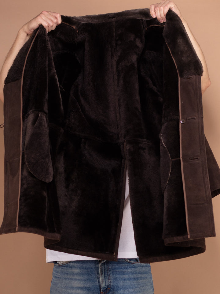 Vintage 70's Men Sheepskin Suede Coat in Brown - NorthernGrip