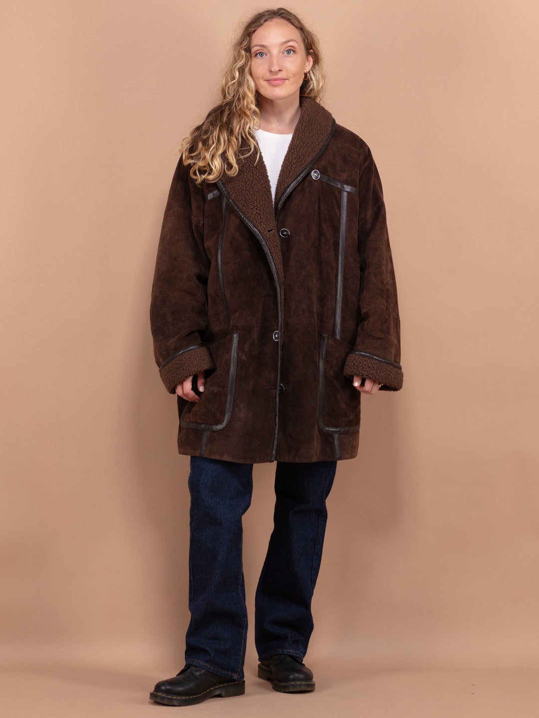 Vintage 80's Women Oversized Suede Coat in Brown - NorthernGrip
