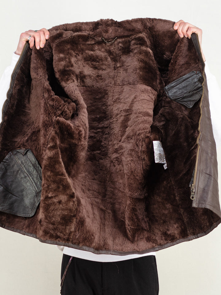 Vintage 90's Men Sheepskin Leather Coat in Brown - NorthernGrip