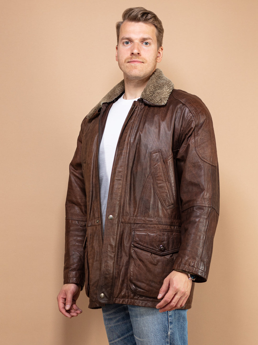 Vintage 80's Men Leather Jacket in Brown - NorthernGrip